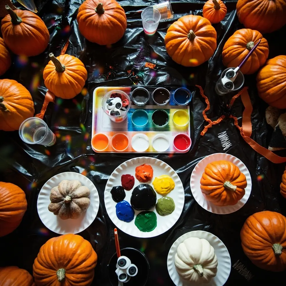 Your Guide to a No-Carve Pumpkin Painting Party 1 Image-1: A vibrant, top-down shot of all the party supplies neatly arranged on a table: colorful paints, brushes, clean pumpkins, and a bowl of googly eyes.