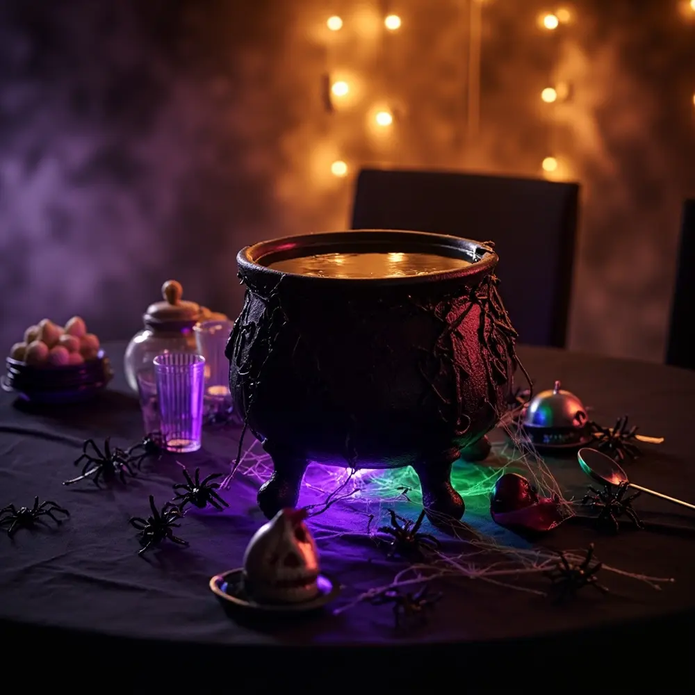 How to Make a Bubbling 'Witch's Brew' Punch (with Dry Ice Safely!) 1 Image-1: A Halloween-themed table setup showing a black tablecloth, a large punch bowl inside a decorative cauldron, serving cups, and spooky decorations like cobwebs and plastic spiders.