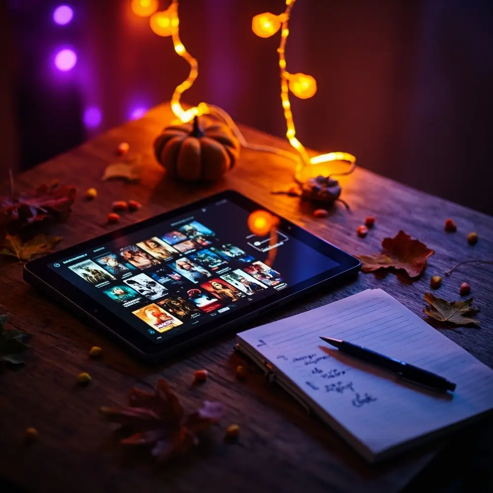 How to Host the Ultimate Halloween Movie Marathon Night (with Themed Snacks!) 1 Image-1: A tablet screen showing a streaming service’s Halloween movie collection. A notepad and pen are next to it, with a handwritten list titled “Movie Lineup Options.”