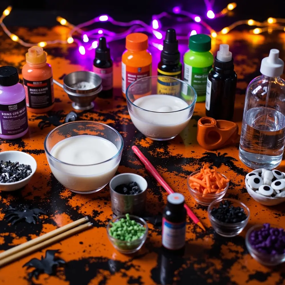 How to Make Eerie (but Fun!) DIY Monster Slime 1 Orange small arranged the slime plastic top bright neatly all a eyes googly covered on and table h3 of in tools with tablecloth image shot are strong 1 ingredients bowls separate spiders black down