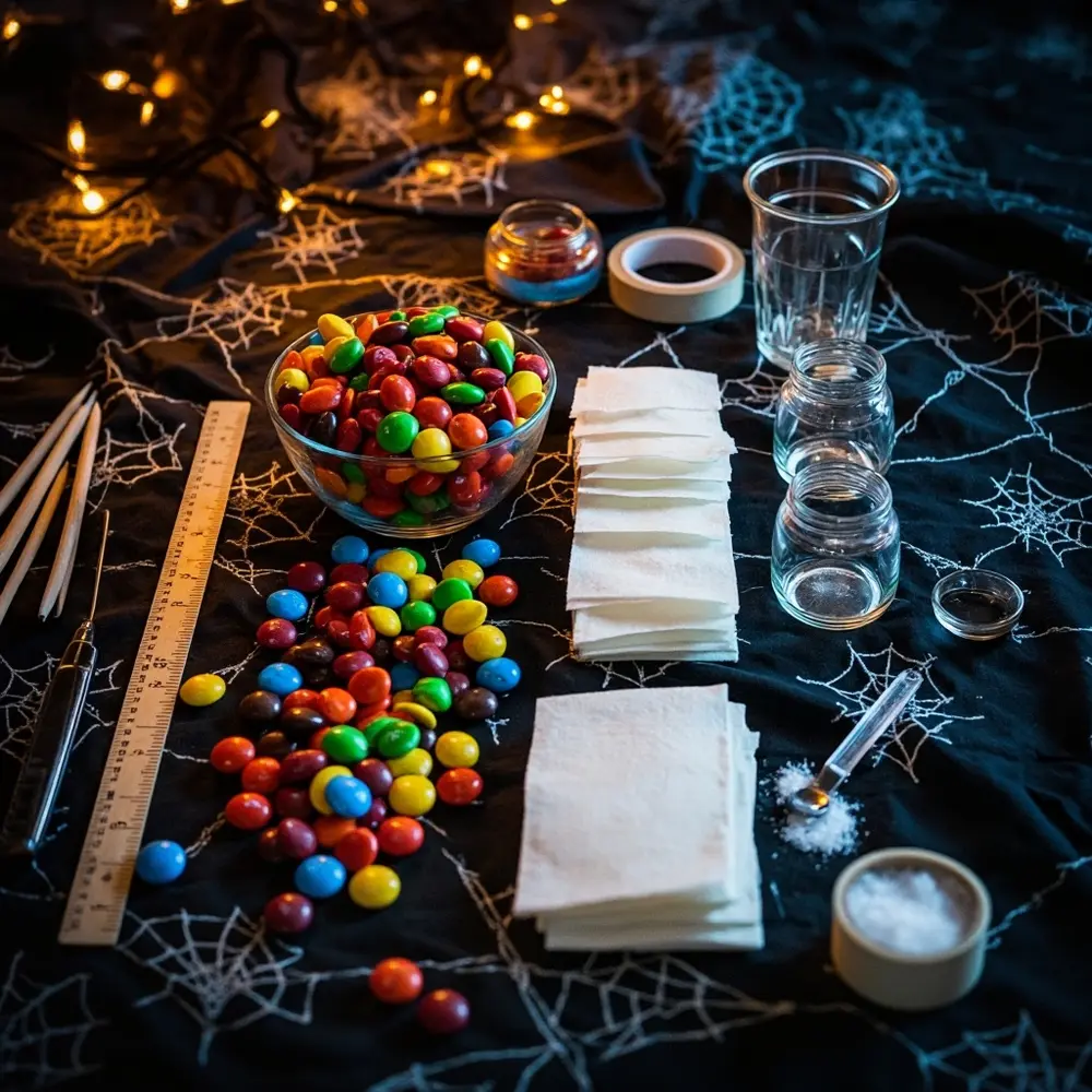 How to Explore Candy Color Chromatography with Halloween Candy 1 Small arranged the lined for up required bowl top themed dark strips materials neatly spooky all experiment a glasses paper on and cut h3 of in ready tablecloth image slightly shot candies are strong 1 pre down