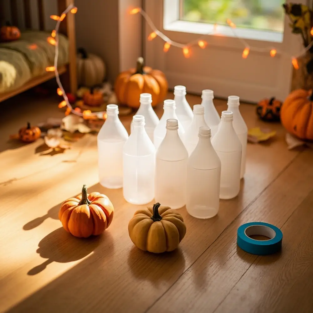 How to Set up a Fun and Simple Pumpkin Bowling Game 2 Roll small arranged the blue tape game painter plastic showing water pumpkins empty ten s top bottles bright materials neatly all a wooden on three and h3 of image shot strong floor 1 pie 8217 down