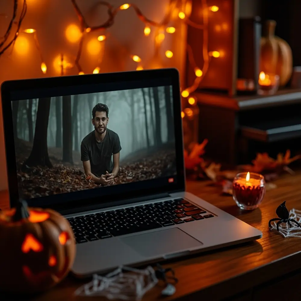 How to Plan and Host a Virtual Halloween Party on Zoom 1 Side pair small the space pumpkin desk for selected well showing vampire zoom sit virtual spooky background open a on and h3 to of haunted party ready with forest image lit 1 fangs laptop