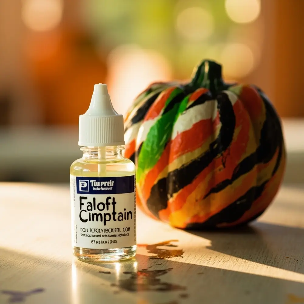 Your Guide to a No-Carve Pumpkin Painting Party 10 Image-10: A close-up shot of a bottle of non-toxic acrylic paint next to a colorfully painted pumpkin, highlighting the paint type.