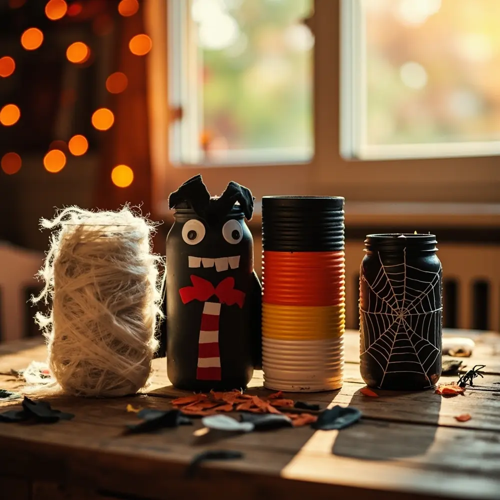 Eco-Friendly Fun: Creating Upcycled Halloween Decor from Cans and Jars 9 Image-10: A creative lineup showcasing all the variations: a mummy jar, a vampire can with a cape, a candy corn can, and a spider web jar, all sitting together.