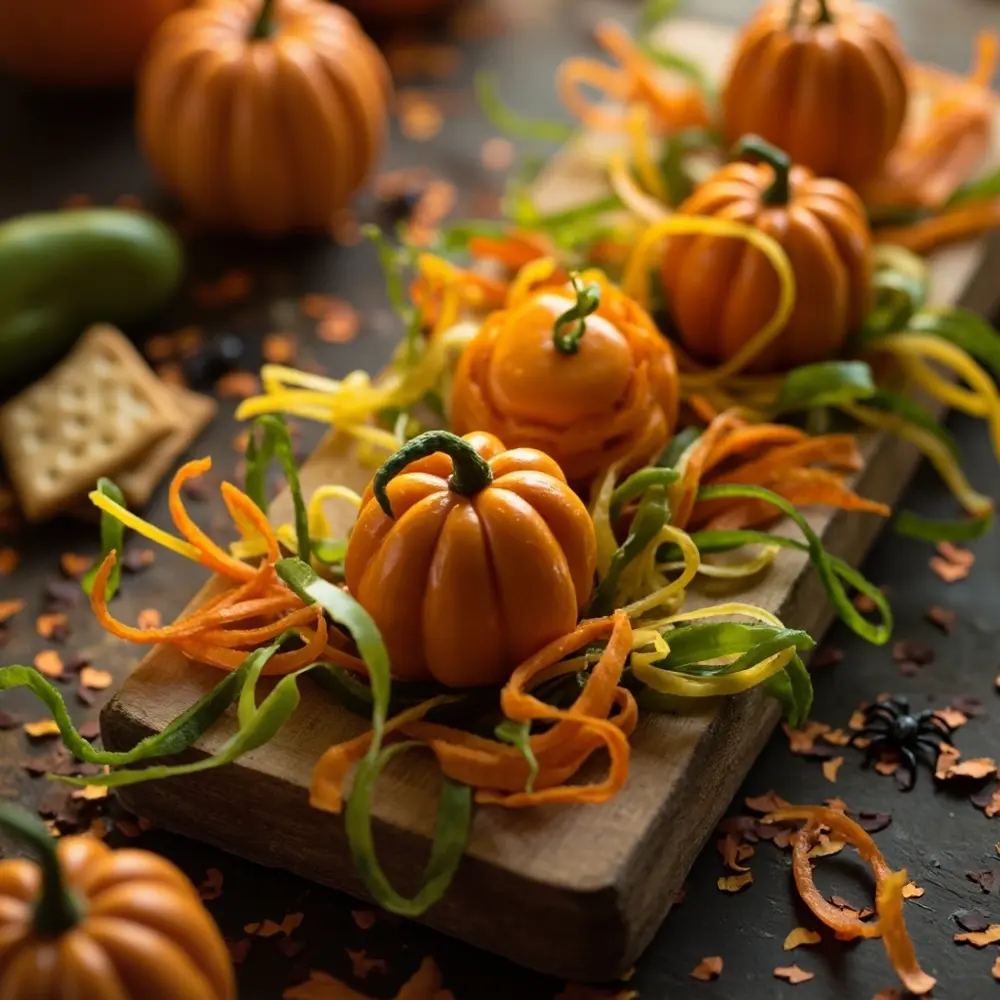 Fun with Food: Using Cookie Cutters for Pumpkin Shaped Cheese & Crackers 10 Image-10: A shot showcasing the “Theme Twist” with green bell pepper “vines” weaving around the cheese pumpkins on the platter.