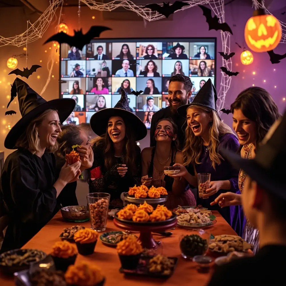 How to Plan a Spooktacular Office Halloween Party (Virtual & In-Person Ideas) 9 Treats laden 10 waving orange interacting swing the wide foreground large scene smiling shows halloween hybrid employees full entire group remote atmosphere creating spooky background lights vibrant a purple grid around fun table and h3 is of party in gathered with monitor also costume image shot are laughing inclusive office filled person
