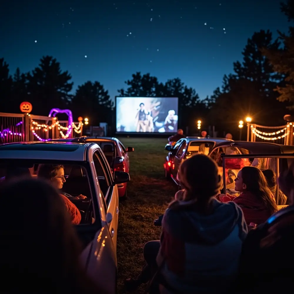 Cozy atmospheric glow 10 horror car watching the large screen a people on h3 of movie in at with photo image outdoor warm drive lights