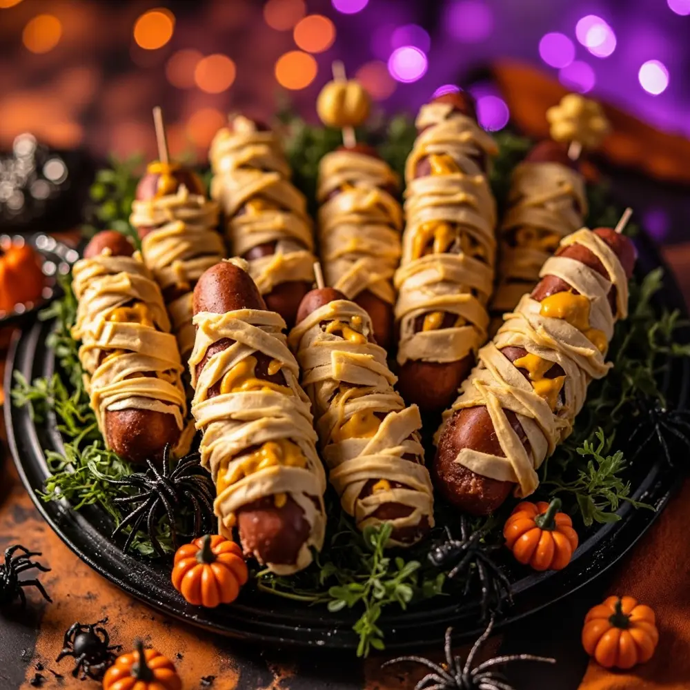 Recipe: How to Make Spooky and Delicious Mummy Dogs 10 Image-10: A platter showcasing a variety of mummy dogs, including some with cheese peeking out and some mini ones on toothpicks.