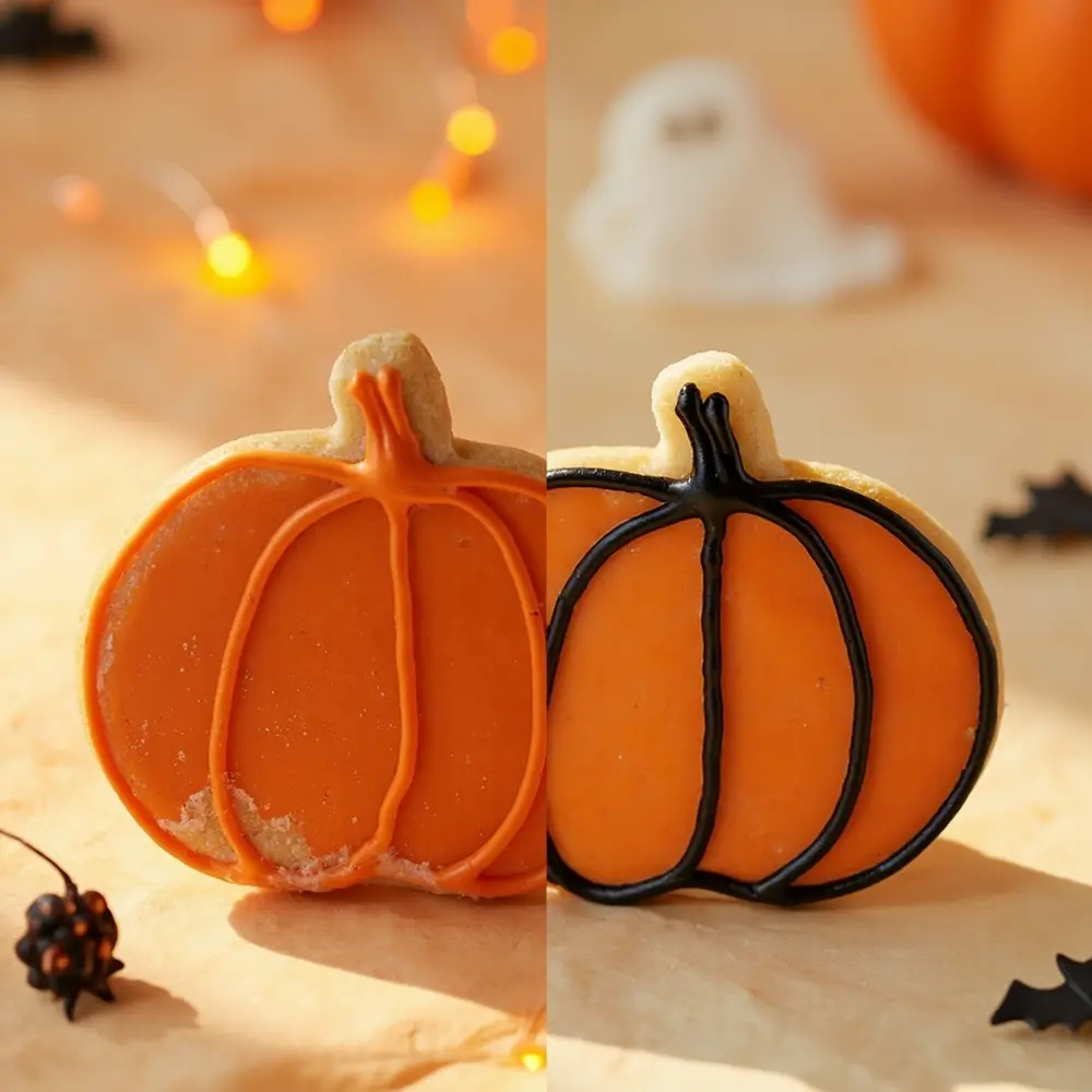 A Guide to Decorating Halloween Themed Sugar Cookies 10 Image-10: A side-by-side comparison photo. The left cookie shows a “color bleed” issue with black running into orange. The right cookie is perfectly crisp, showing the desired result.