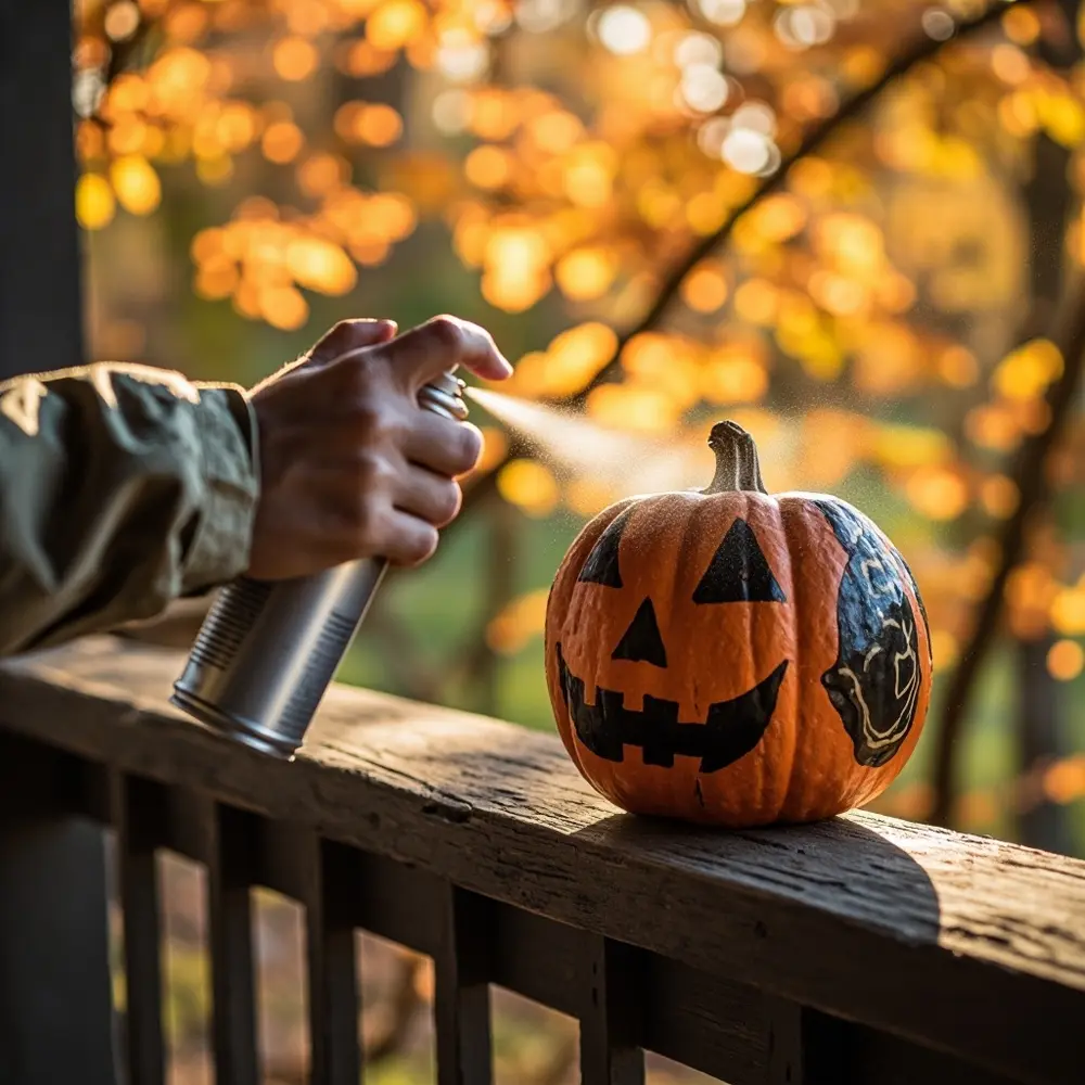 Your Guide to a No-Carve Pumpkin Painting Party 11 Image-11: An adult’s hand spraying a clear sealant over a finished, painted pumpkin in an outdoor setting.