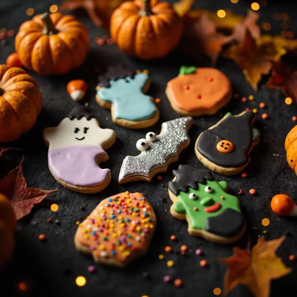 A Guide to Decorating Halloween Themed Sugar Cookies 11 Image-11: A vibrant, colorful shot of many different decorated cookies showcasing variety: a pastel ghost, a metallic silver bat, and a pumpkin cookie with candy eyes.