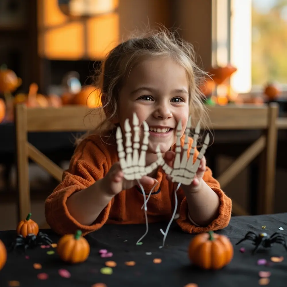 How to Craft a Moving Skeleton Hand from Paper and Straws 12 Image-12: A candid photo of a child smiling, proudly holding up their finished moving skeleton hand.
