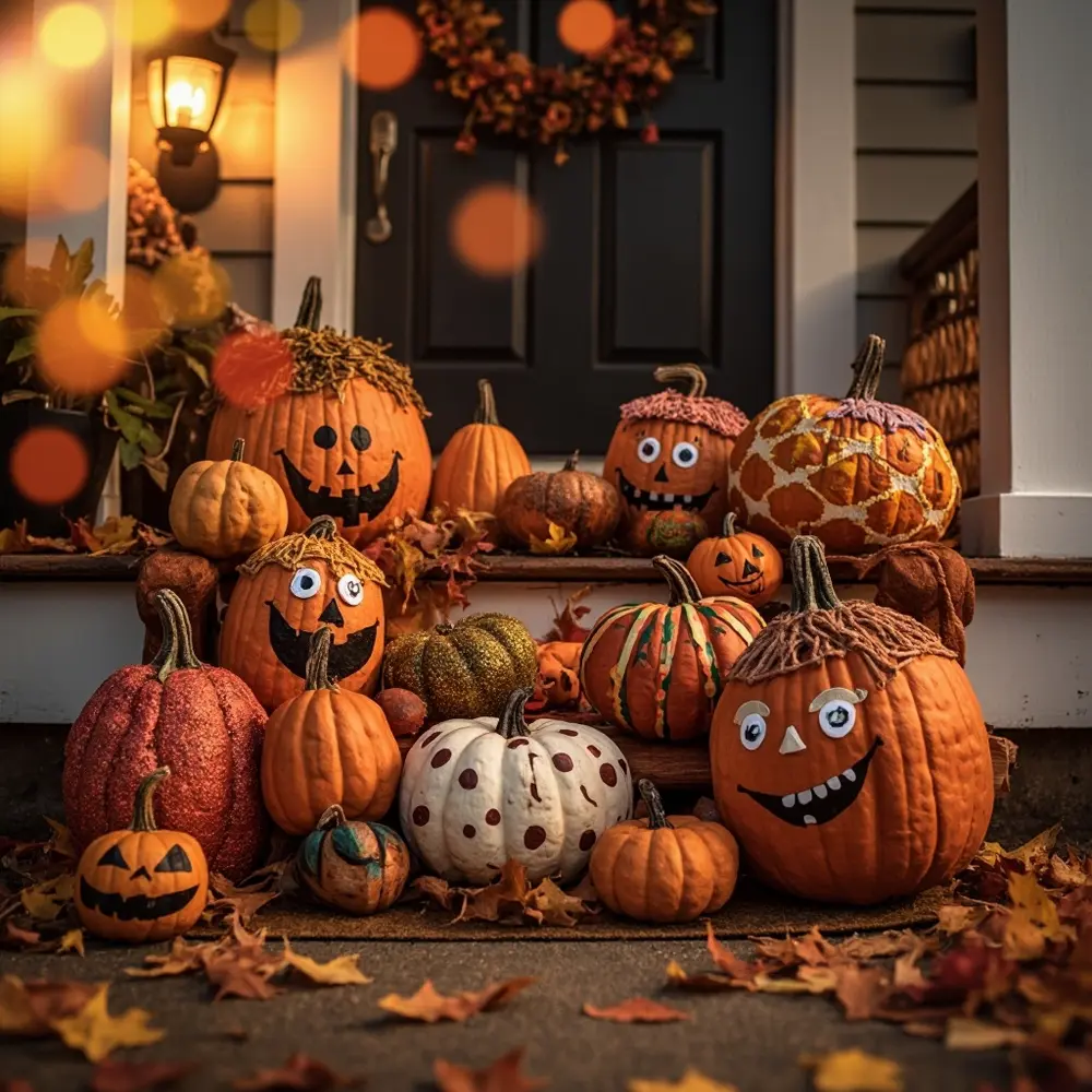 Your Guide to a No-Carve Pumpkin Painting Party 12 Image-12: A final, festive shot of a group of finished, diverse pumpkins displayed together on a front porch step, next to a welcome mat and some autumn leaves.