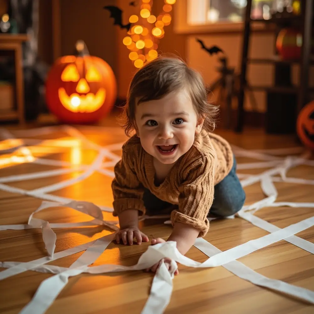 Gentle Spooks: 25 Safe and Fun Halloween Activities for Toddlers & Preschoolers 13 While strong li 13 on floor the tape web masking crawling through a giggling carefully image child