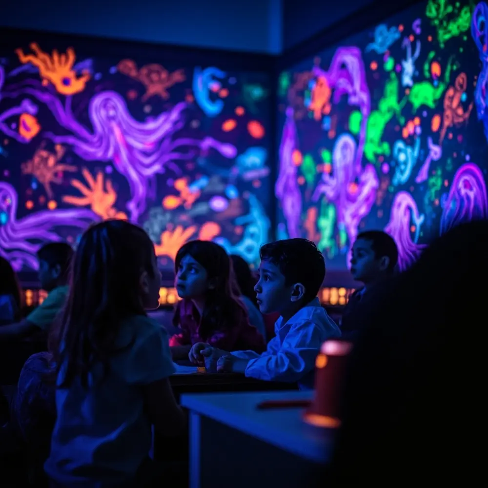 20 Creative and Educational Halloween Activities for the Classroom 14 14 illuminated blacklight corner visible glowing ghost dark a faintly displayed excited on h3 with wall image classroom student by faces showcasing art