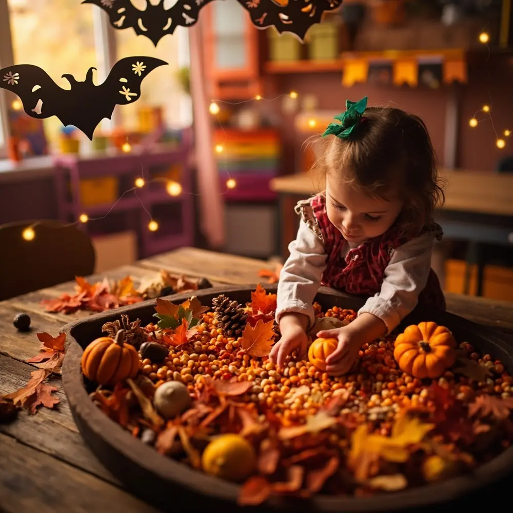 20 Creative and Educational Halloween Activities for the Classroom 15 15 orange small corn hands leaves up miniature pumpkins reaching vibrant a close inviting and h3 of in with photo image sensory autumn bin filled