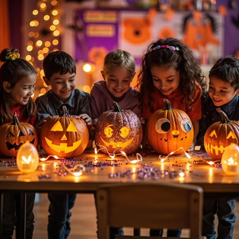 20 Creative and Educational Halloween Activities for the Classroom 17 17 decorated them students pumpkins styles a themes diverse covered table and h3 of admiring with photo image variously classroom showcasing