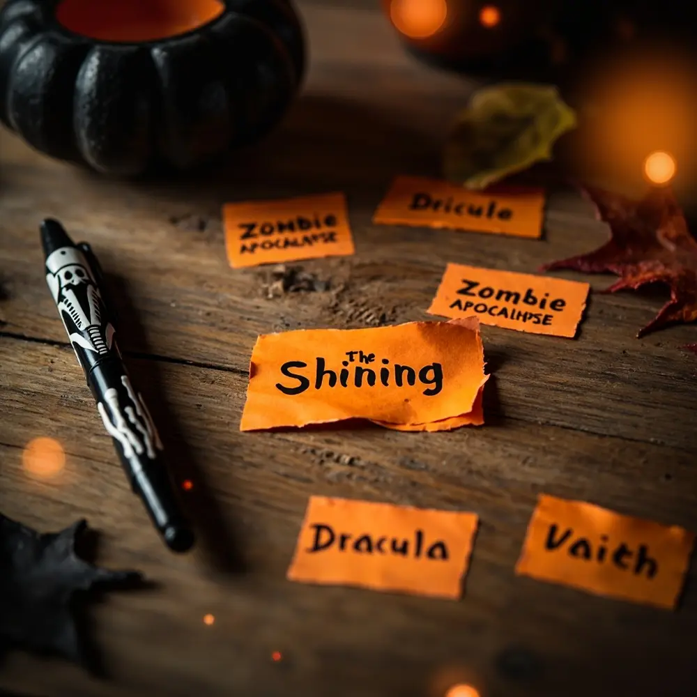 How to Host a Grown-Up Halloween Charades Night 2 While orange small hands the apocalypse words slip shining slips nearby one top dracula themed spooky a 8221 8220 scattered clearly paper on and h3 is of in also with skeleton like reads image others shot are 2 zombie pen writing frame down