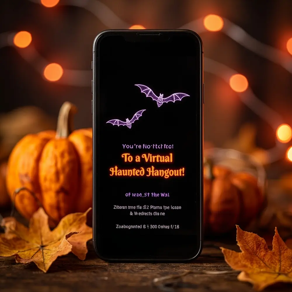 How to Plan and Host a Virtual Halloween Party on Zoom 2 Details the for date invited halloween up link text zoom clear dark hangout bats virtual spooky screen a 8221 8220 featuring mock on and an h3 re to is of party haunted you phone with image time appealing 2 invitation design 8217 bold digital