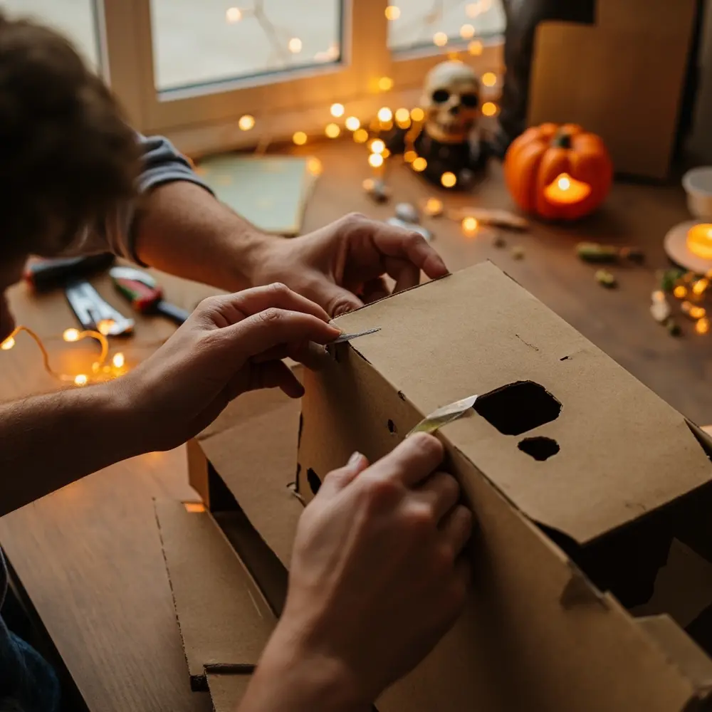 How to Engineer a Frankenstein-Themed Candy Dispenser 2 Hot hands the edge up main craft a close sits along on table structure h3 to of carefully cardboard image panel like shot partially strong 2 applying box dispenser assemble frame assembled glue