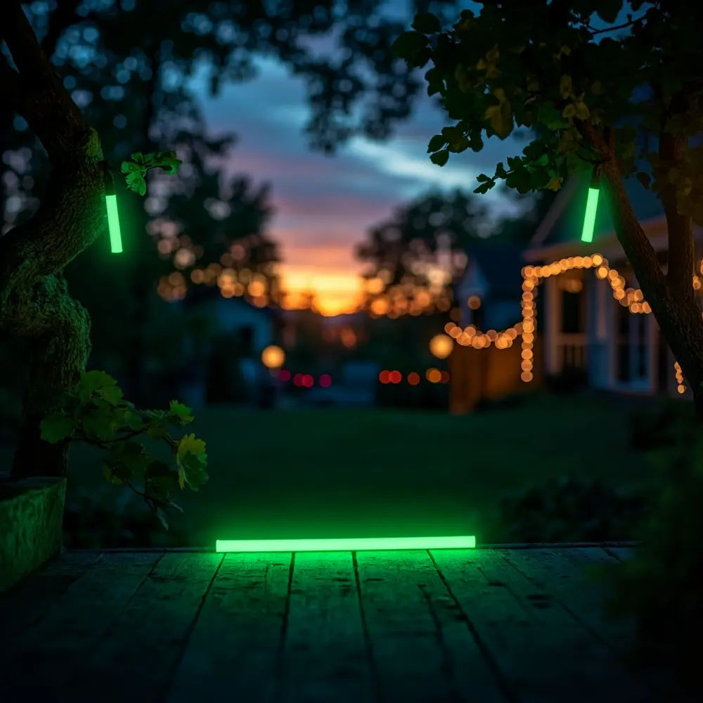 How to Set Up an Epic Glow Stick Hide and Seek Game 2 Image-2: A photo of a backyard at dusk, with glowing green glow sticks hanging from a low tree branch and another one marking the edge of a patio.
