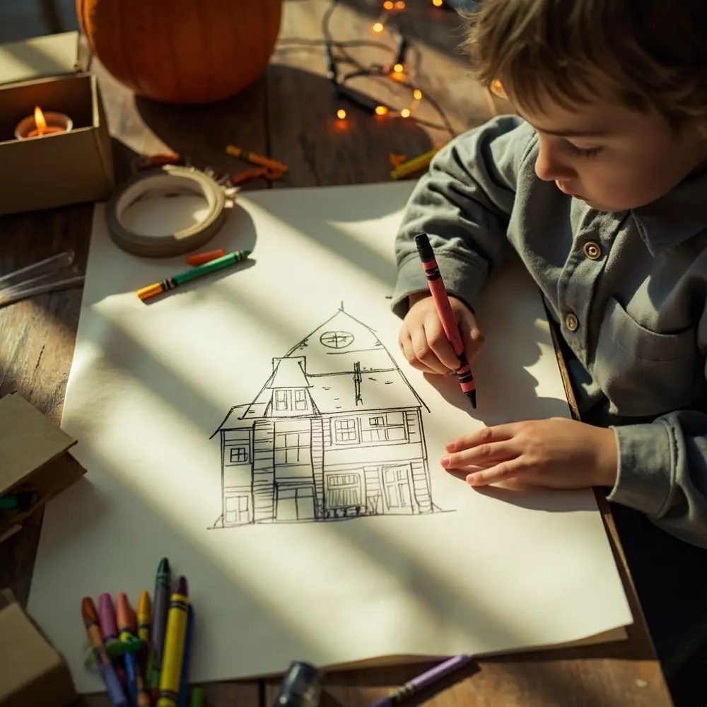 How to Engineer a Haunted House Using Recycled Materials 3 Roll crooked hands the large tape drawing up house visible sheet holding s top background a blueprint close child paper on and h3 of haunted in cardboard image charmingly shot are 2 few simple boxes crayon 8217 down