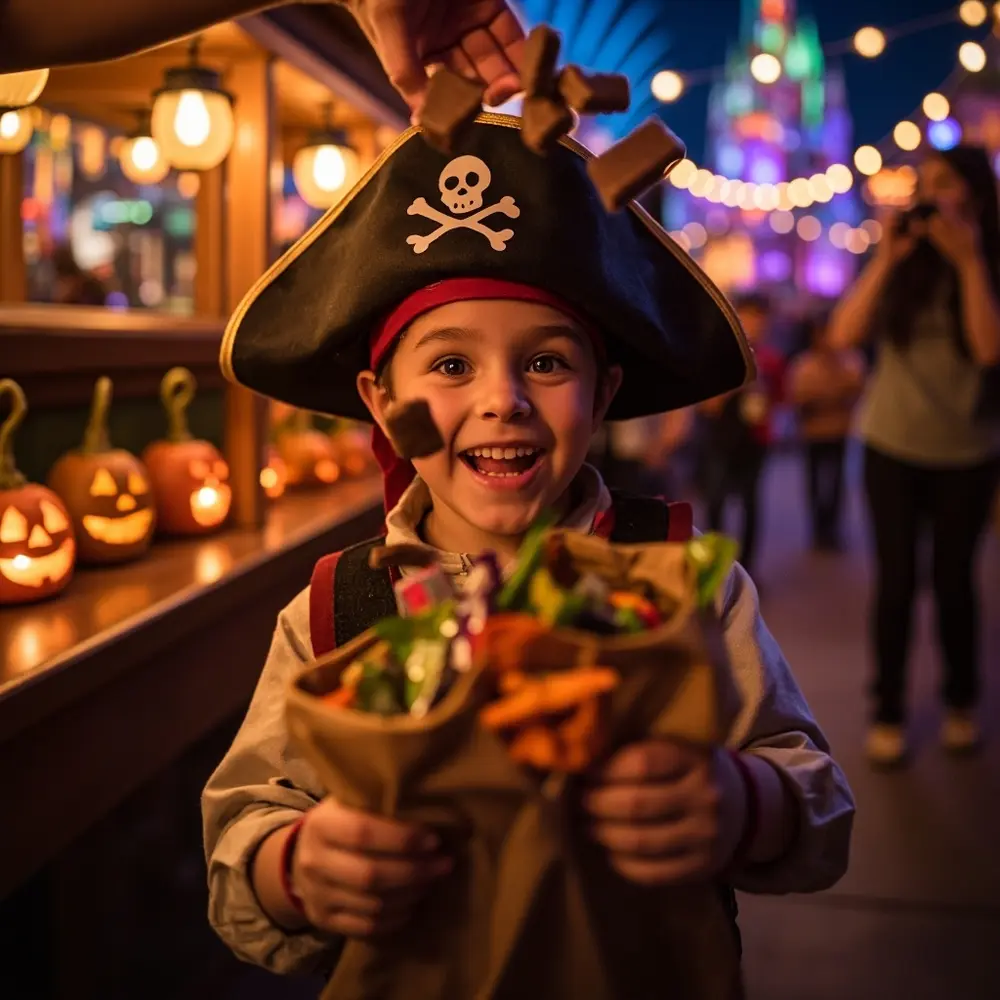 Your Complete Guide to Mickey's Not-So-Scary Halloween Party at Disney World 2 Member smile bag up candy holding open a close child huge handful h3 of their in with as image shot drops 2 chocolates cast pirate dressed