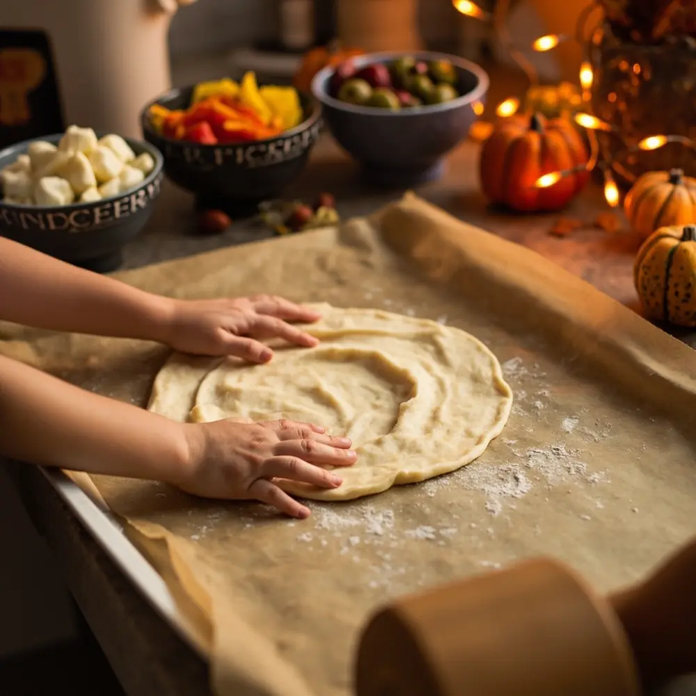 Recipe: How to Make Creepy Monster Eye Pizza 2 Hands lined the lab visible pressing sheet s top crust parchment background baking a 8221 8220 child h3 monster of in pizza onto made image shot are 2 pre bowls 8217 down