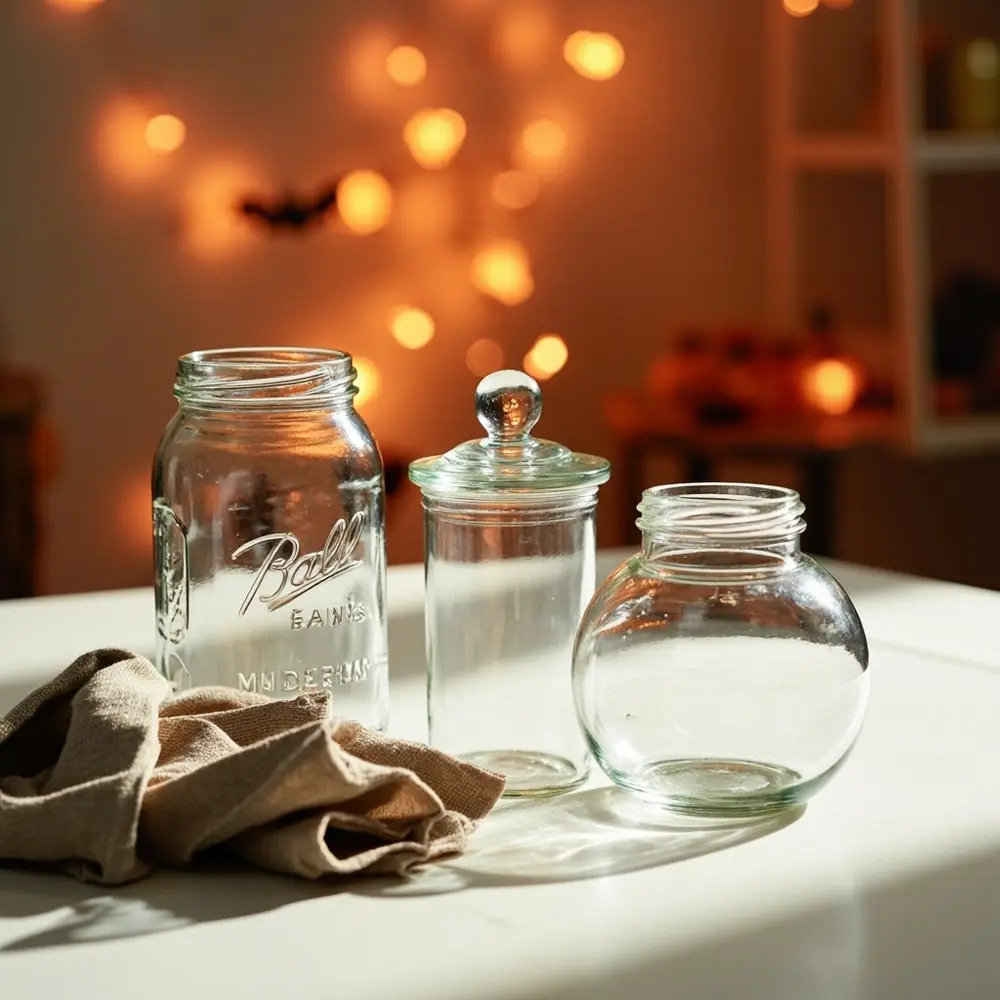 How to Create a Spooky Halloween Terrarium in a Jar 2 Image-2: A photo showing a few different types of clean, empty glass jars (a mason jar, an apothecary jar, a round jar) ready for selection. A microfiber cloth is resting nearby.