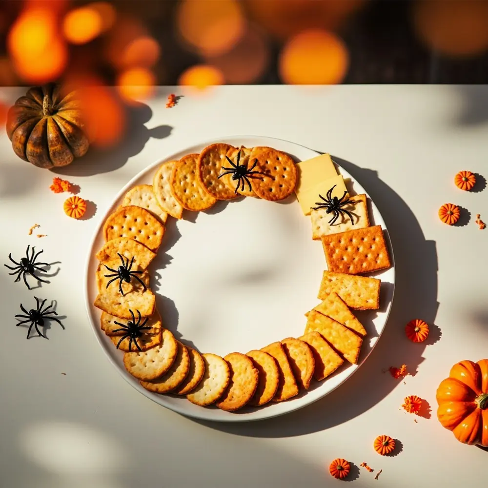 Fun with Food: Using Cookie Cutters for Pumpkin Shaped Cheese & Crackers 1 Image-2: A shot of the clean workspace with the serving platter already arranged with a border of different types of crackers, ready for the cheese.