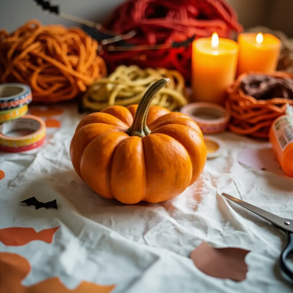 How to Decorate Pumpkins with Yarn, Paper, and Washi Tape 2 Image-2: A photo showing a clean, orange pumpkin on a protected surface with all the craft materials laid out neatly beside it, ready for decorating.