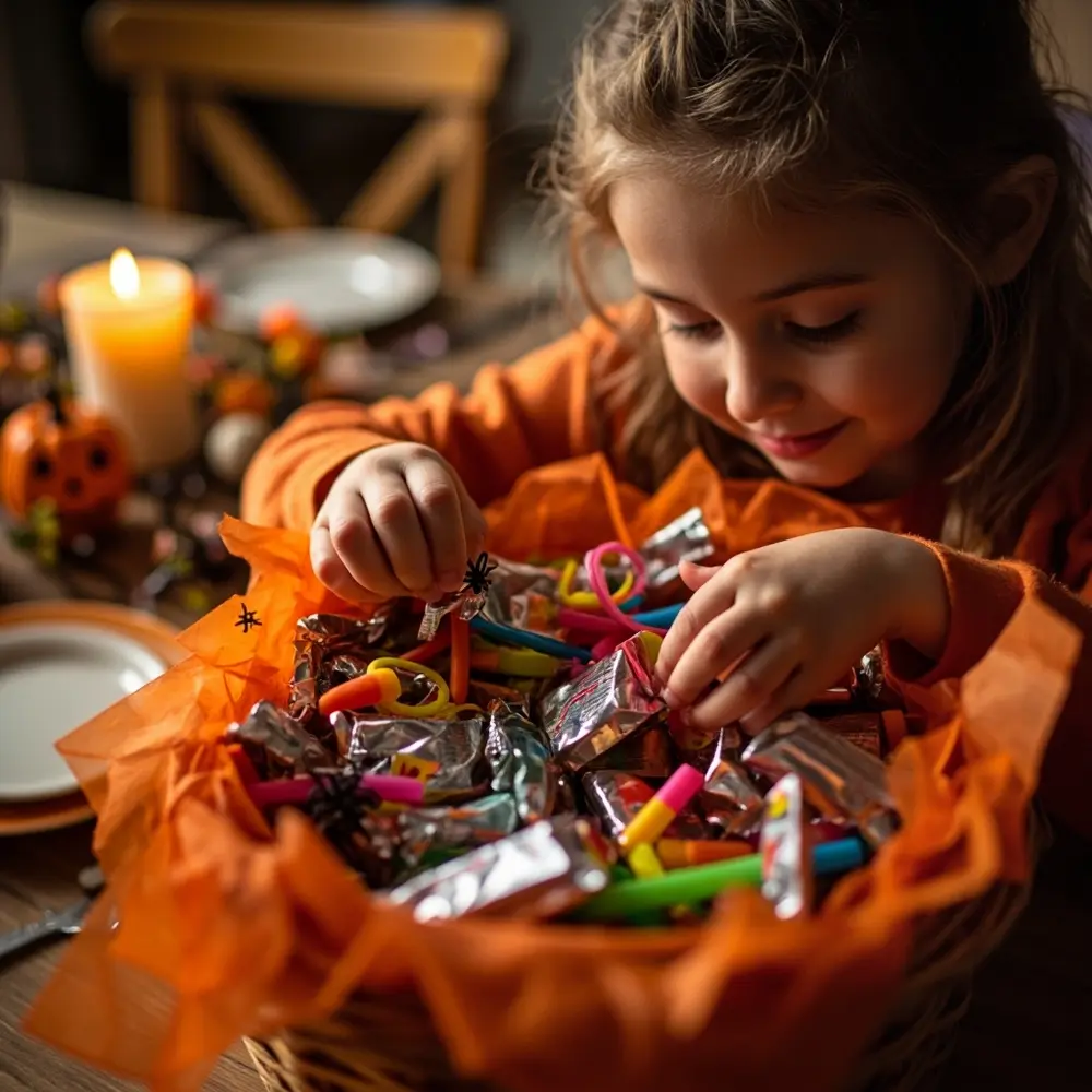 How to "Boo Your Neighbor" and Start a Community Tradition 2 Hands basket halloween up placing s spooky a close child paper and handful h3 into of toys with carefully tissue image other shot candies 2 colorful wrapped 8217 filled