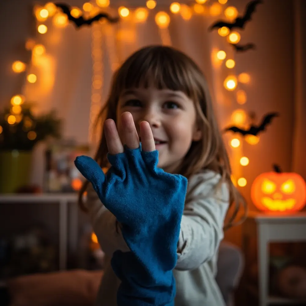 A Step-by-Step Guide to Making Adorable Monster Sock Puppets 2 Image-2: A close-up photo of a child’s hand inside a bright blue sock, demonstrating how to fold their hand to shape the puppet’s mouth opening.