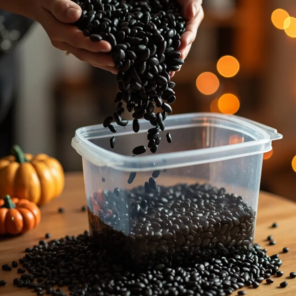 How to Create a Glow-in-the-Dark Sensory Bin 3 Hands the shiny plastic up pouring clear a close stream h3 into of image shot strong 2 beans filling black bin bottom action
