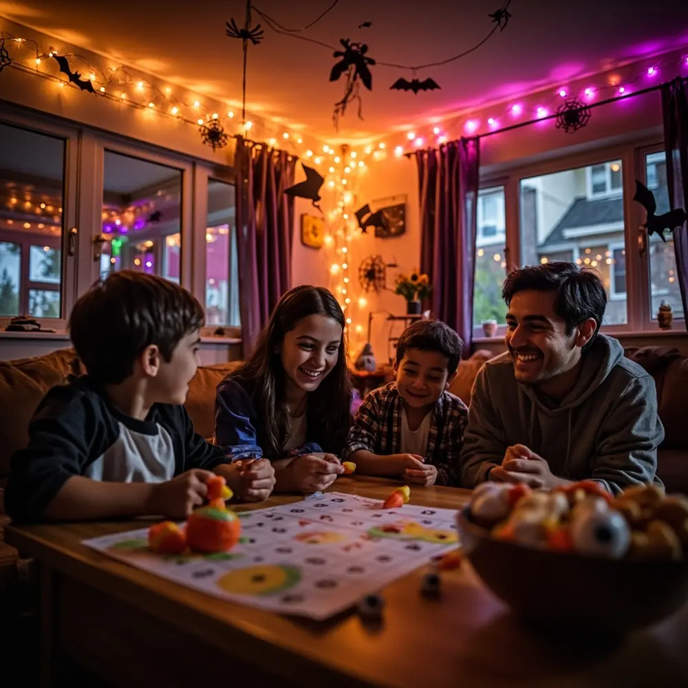 How to Plan and Run a Spooky Halloween Bingo Night at Home 2 Cozy orange coffee for the up visible living set background a snacks around table and h3 family decorations is in gathered with room image lit 2 by fairy bingo lights