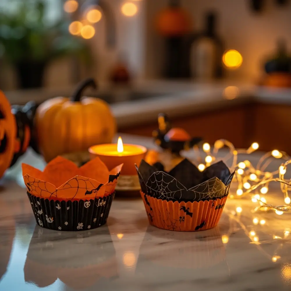 Recipe: How to Bake and Decorate Spooky Halloween Cupcakes 2 Image-2: A close-up shot of two cupcake tins lined with orange and black paper liners, ready to be filled.