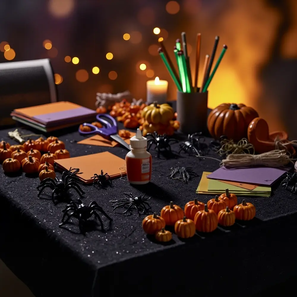 How to Craft a Moving Skeleton Hand from Paper and Straws 2 Image-2: A shot of a craft table decorated with a black tablecloth, plastic spiders, and a few small pumpkins, with the crafting supplies in the center.