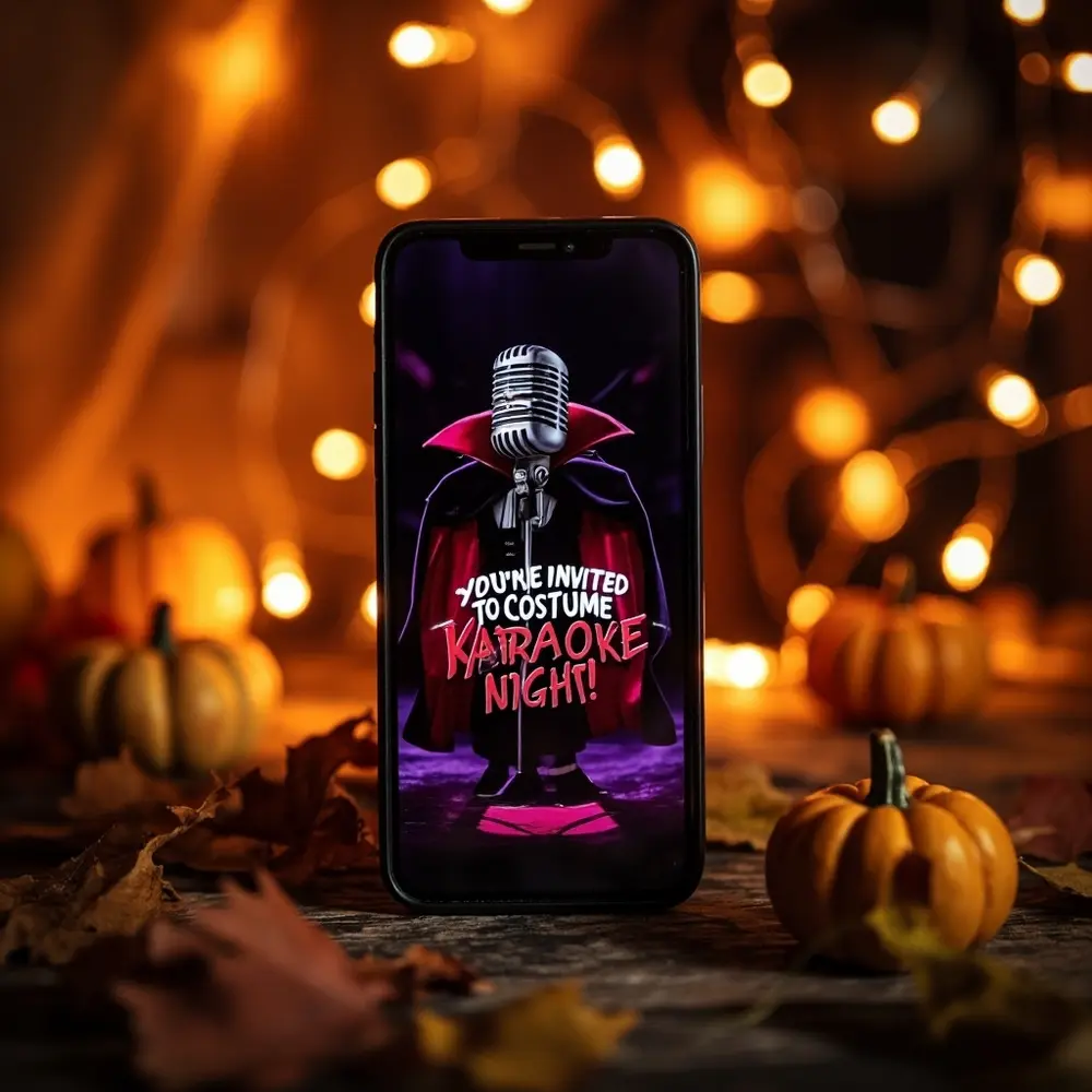 A Guide to Hosting "Costume Karaoke" at Your Next Party 2 Bat karaoke the that wings cartoon vampire invited night text features graphic screen a 8221 8220 cape fun on and h3 re to party you phone with costume reads image 2 wearing microphone invitation design 8217 bold digital