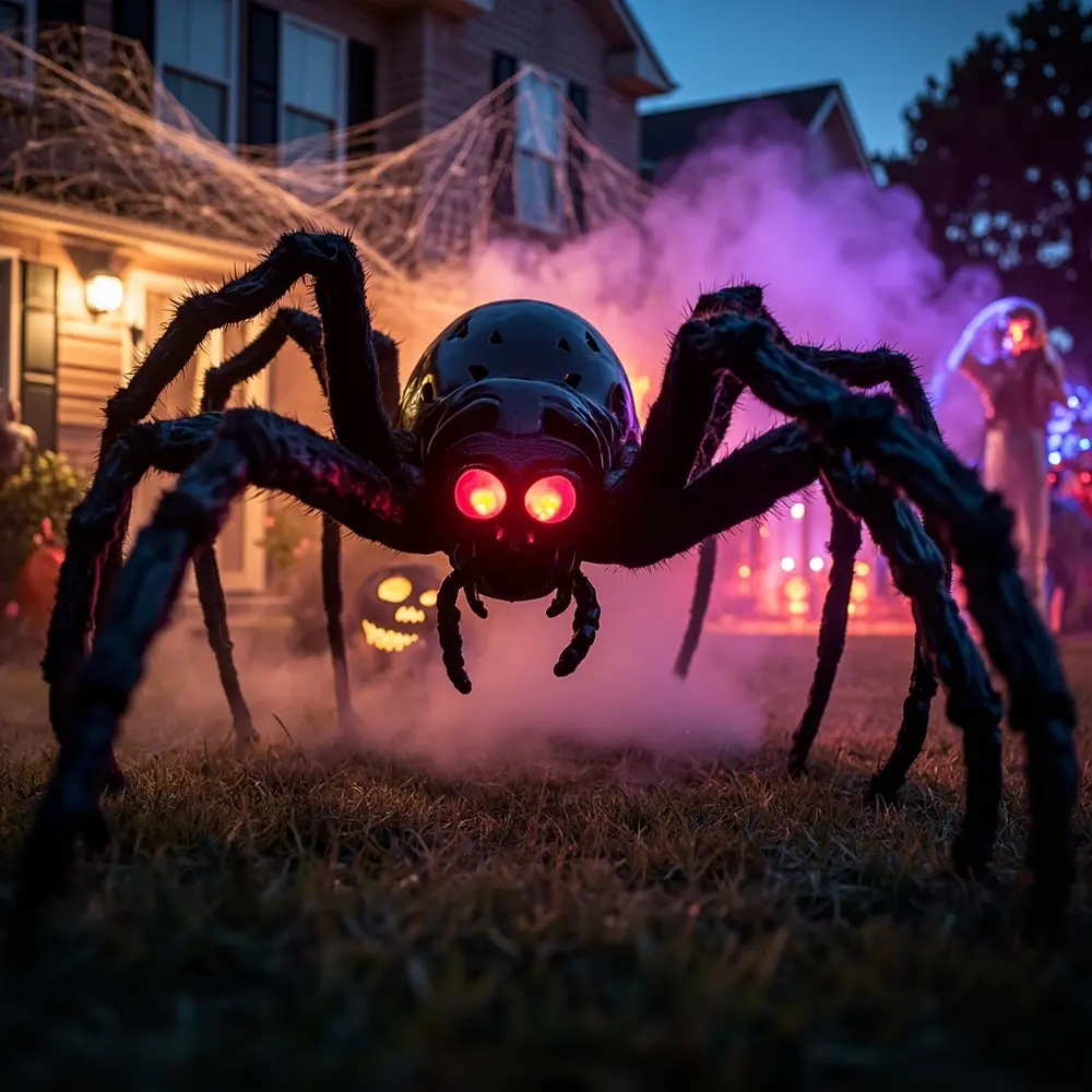 A Guide to the Best Neighborhood Halloween Decorations Tour 2 Animatronic brightly the large lunge glowing its spider dark mid a eyes red h3 jumping in capturing with photo image 2 dynamic
