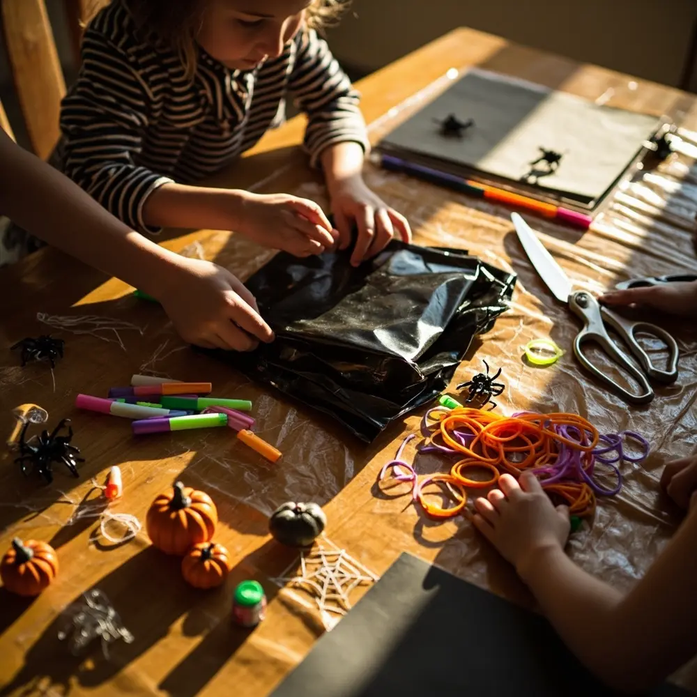 A Parent's Guide to Making DIY Bat Wings and Masks 2 Image-2: A photo of a child’s hands and an adult’s hands pointing to the different supplies laid out on the table, as if taking inventory.