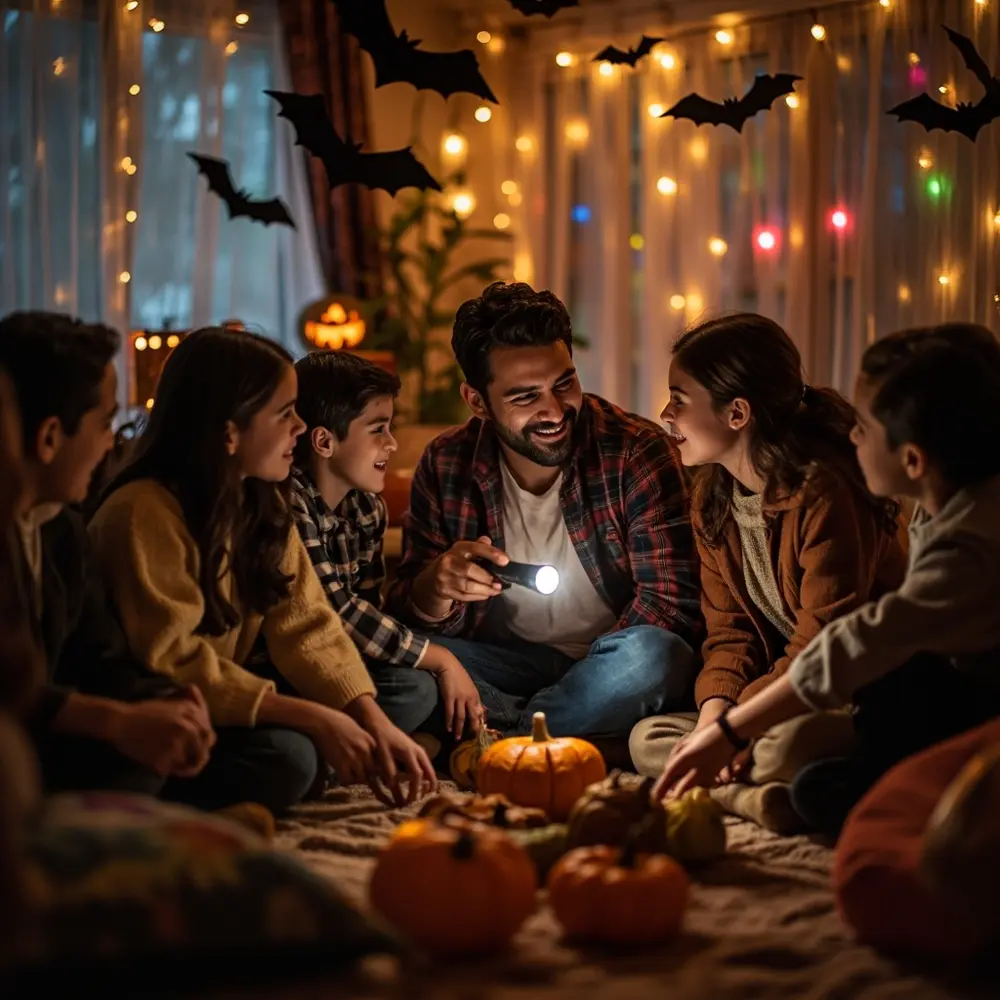 How to Lead a DIY Spooky Story Circle with Your Family 2 Stick the sitting smiling up holding parent talking a 8221 circle 8220 explaining h3 family is in as rules image 2 flashlight