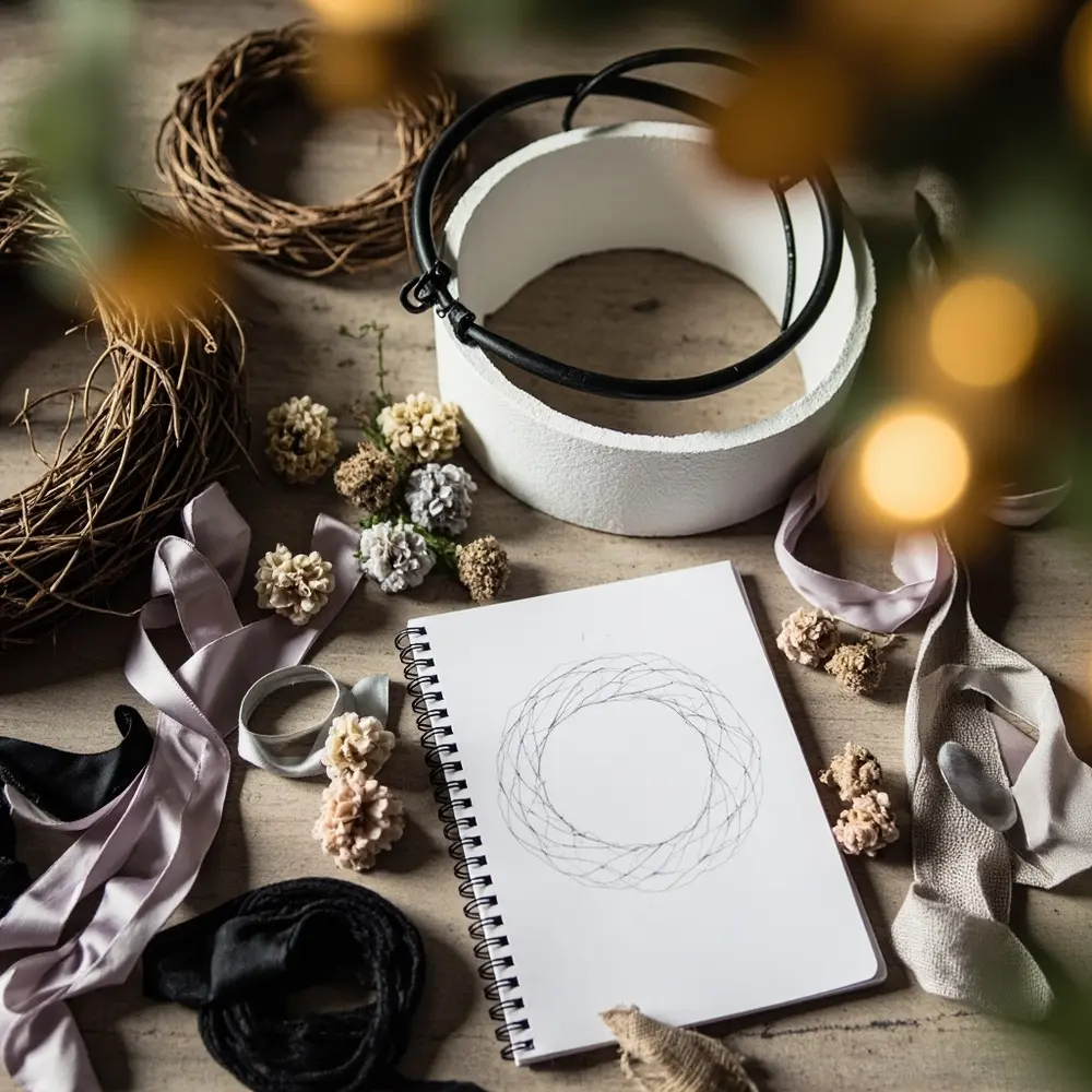 Image-2: A flat-lay photo showing different wreath bases (grapevine, foam, wire) next to a simple notebook sketch of a wreath design and a few color-coordinated ribbons and flowers.