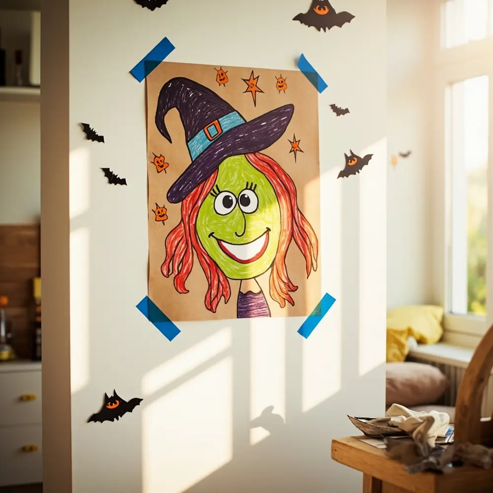 How to Play a Silly Game of "Pin the Tail on the Witch" 3 Witch blue painter tape up s a close child height h3 to attached of at with wall plain hand image securely shot 2 cheerful poster 8217 drawn being