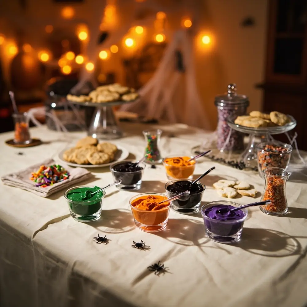 A Guide to Decorating Halloween Themed Sugar Cookies 2 Image-2: A photo of a fully prepared decorating station with bowls of colored icing, piping bags, and sprinkles all laid out. The background is slightly dim with orange string lights and faux spiderwebs.