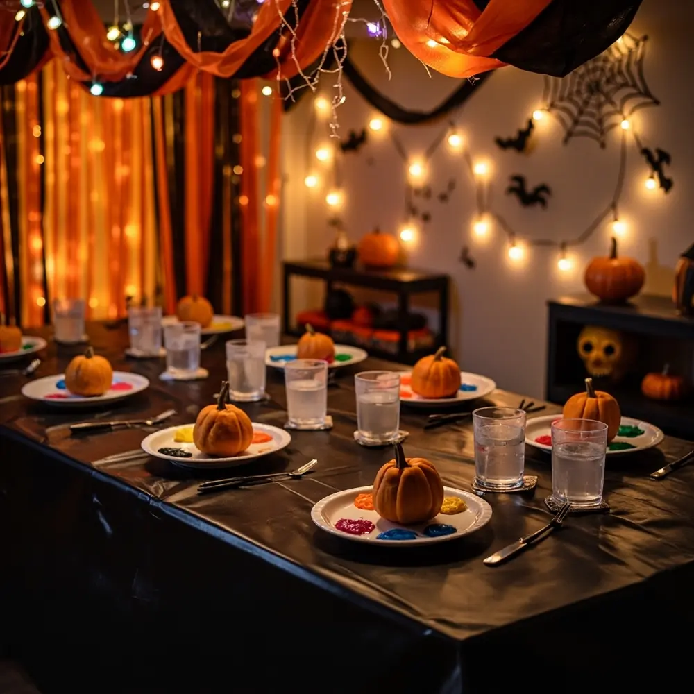 Your Guide to a No-Carve Pumpkin Painting Party 2 Image-2: A photo of a fully prepped party space. A table is covered with a black plastic cloth, with individual painting stations neatly set up. Orange and black streamers hang in the background.