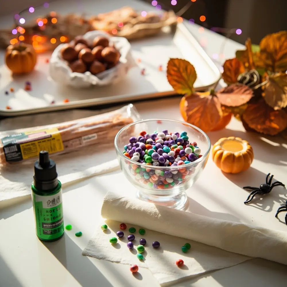 How to Host the Ultimate Halloween Movie Marathon Night (with Themed Snacks!) 2 Image-2: A kitchen counter artfully arranged with various Halloween snack ingredients: a bowl of candy eyes, a package of hot dogs, a tube of crescent roll dough, and some green food coloring.
