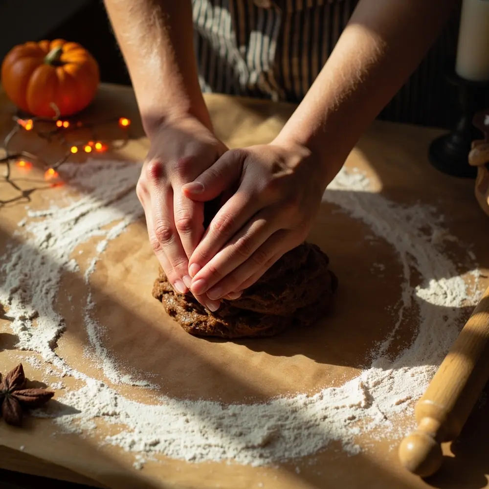 Recipe: How to Build Creepy-Cute DIY Haunted Gingerbread Houses 2 Image-2: A pair of hands kneading the dark, spicy gingerbread dough on a lightly floured surface.