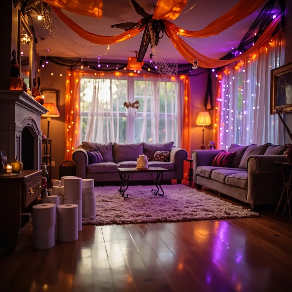 Your Guide to Hosting a Hilarious Mummy Wrapping Race 2 Decorated area orange for the game halloween living a open clearly and fake h3 designated of party streamers cobwebs with photo room image strong 2 black