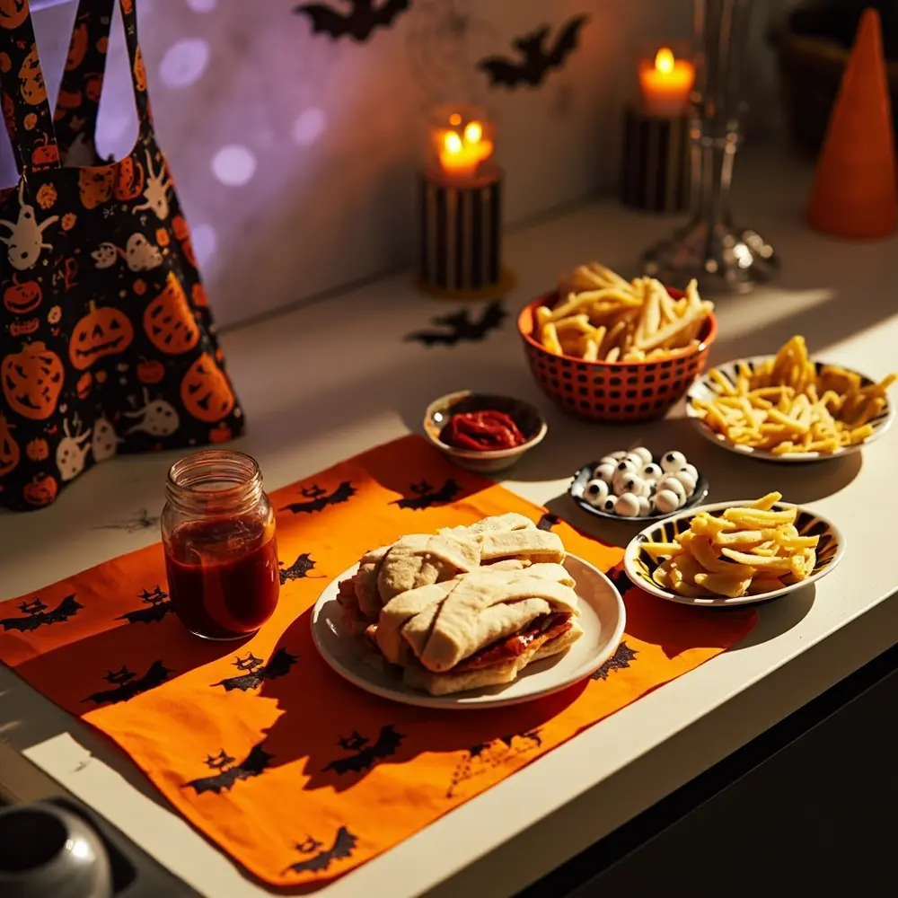 Recipe: How to Make Spooky and Delicious Mummy Dogs 2 Image-2: A “Mummy-Making Station” with ingredients neatly laid out on an orange and black placemat, with a kid’s apron hanging nearby.